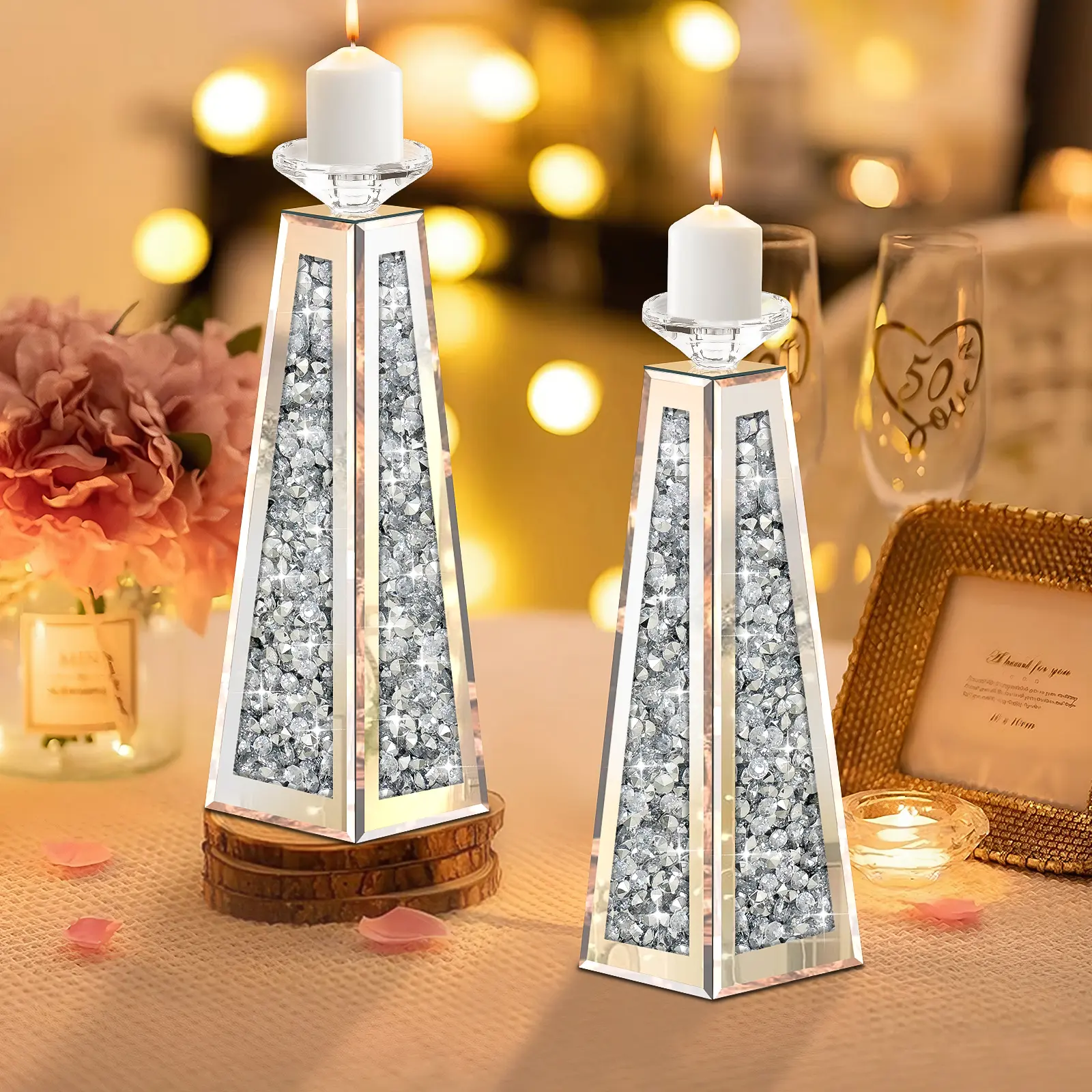 (2Pack)13-inch Diamond Candlestick, Featuring Dazzling Crystal Cuts That Radiate Opulent Luxury. Candlelight Reflects Off The Diamond Facets, Exuding Understated Elegance. Perfect for Home Decor, Wedding ArranSynthetic Gemstoneents