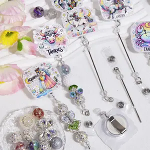 Twelve Constellation Sign Pattern Beadable DIY Handmade Craft Beadable Badge Reels with Bar Retractable Beaded Badge ID Name Badge Reels Beadable Items for Jewelry DIY Nurse Teacher Office Supplies
