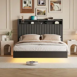 【GARVEE】Queen Floating Bed Frame With LED Lights & Charging Station, Upholstered PU Leather Platform Bed Frame With Storage Headboard, 50" Tall Headboard Bed With Stable Structure, No Box Spring Needed