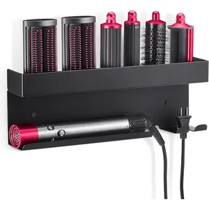 Wall Mount Holder Compatible with Dyson Airwrap Styler, Black Storage Rack Organizer for Hair Curling Iron & Attachments, Space-Saving Bathroom Bracket Stand, No-Drill Installation