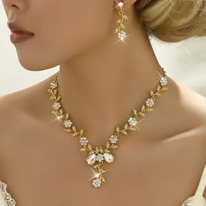 Women's New Rhinestone Water Drop 2-Piece Jewelry Set - Female Party Dress Necklace and Earrings Accessories
