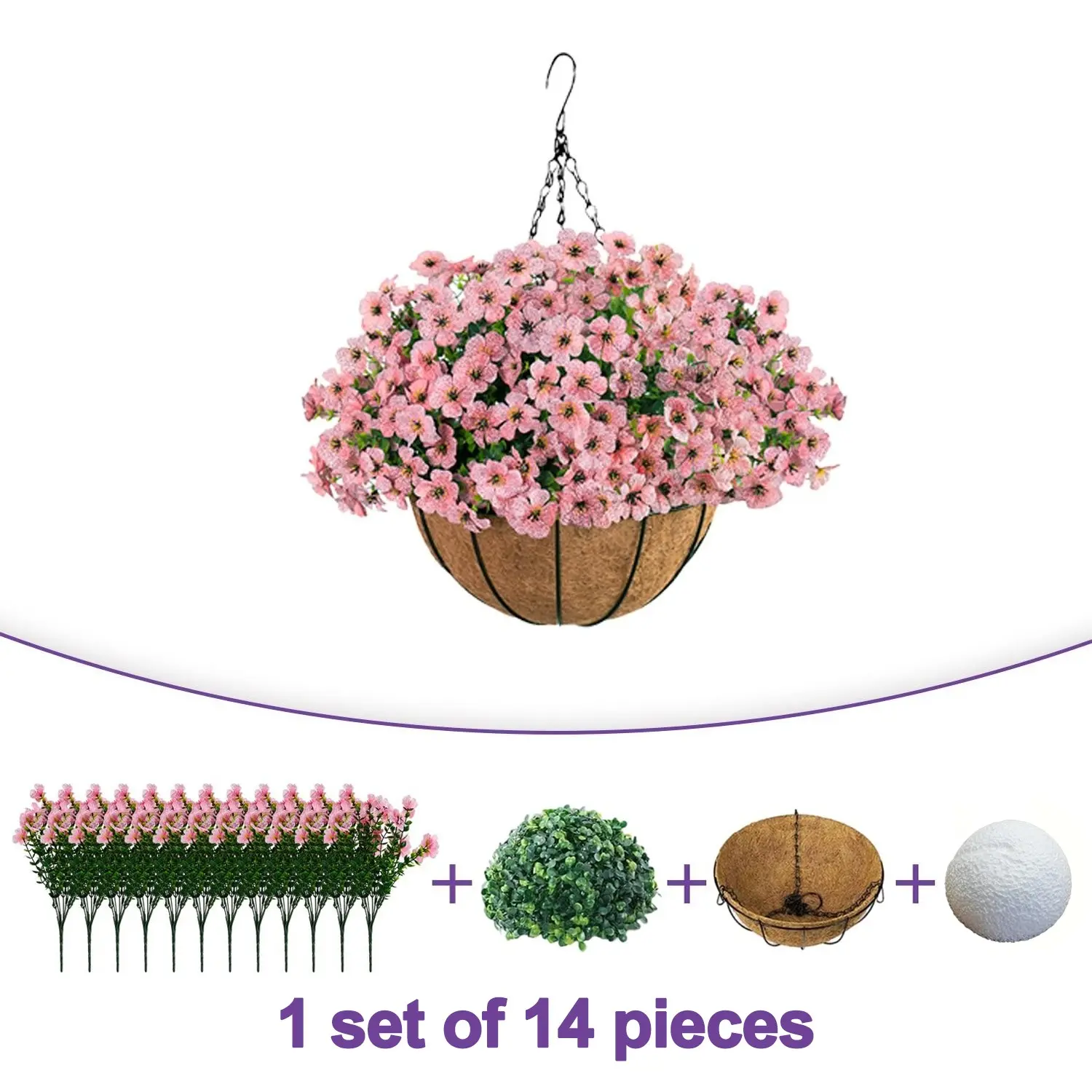 Coconut Fiber Hanging Basket Swinging Planter Flower Pots Simulation Violet Set, Hanging House Plant, 1 Set/2 Sets, Easy Assembly, Non-Fading, All-Season Greenery Decor, Home/balcony/spring/fall, Garden Accessories