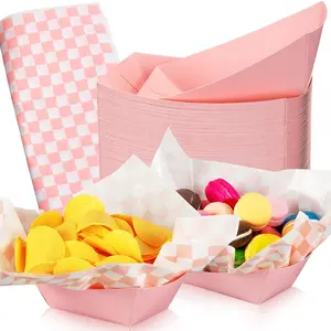 240 Pcs Pink Paper Food Trays Bulk Disposable Food Boat with Wax Paper Sheets Wrapping Disposable Serving Snack Trays Nacho Plates for Carnival Picnic Birthday Party