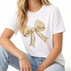 Women's Plus Size Vintage Graphic Tees - Sparkly Gold Rhinestone Bow Oversized T-Shirt | Glam Coquette Trendy Tops