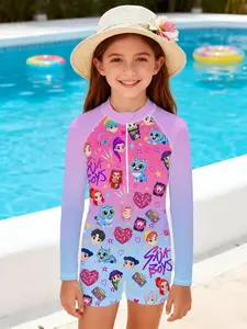 Girls' one-piece swimsuit "Cartoon Idol Gradient Style" features a pink-purple gradient background with a full print of cartoon characters, looking vibrant and eye-catching. It perfectly enhances the ambiance of summer pool or beach outfits~