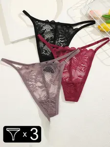 Women's 3pcs Leaf Pattern Sheer Lace Thong, Fashion G String, Elegant Soft Comfortable Breathable Drop Waist Panty for Daily Wear, Women's Knickers for All Seasons, Fashion Panties, Soft Comfy Panties