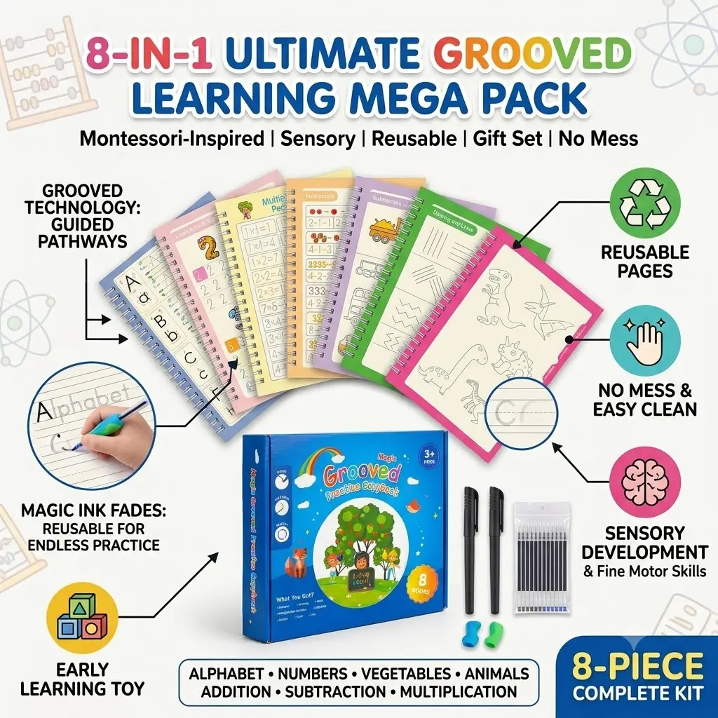 8-in-1 Mega Pack Magic Grooved Practice Copybook Montessori Inspired Sensory Gift Set Reusable No Mess Early Learning Toy for Kids Alphabet Math Addition Subtraction Multiplication Division Animals Vegetables Vehicles Drawing Workboo, Preschool Alphabet T