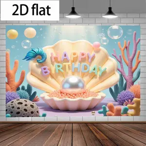 Underwater Themed Whimsical Banner, Cream Shell with Silver Pearl, Beads, Colorful Happy Birthday Letters, Mermaid Tail Fin, Coral & Anemone Design