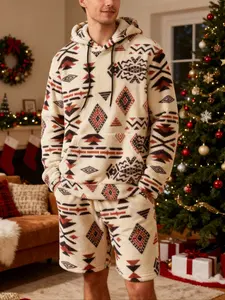 Men's Fleece Long Sleeves Hoodie & Shorts Set, Aztec Geometric Print Fitted 2-Piece Outfit, Soft Warm Festive Loungewear for Christmas, Casual Wear & Fall/Winter, Perfect Christmas Gift