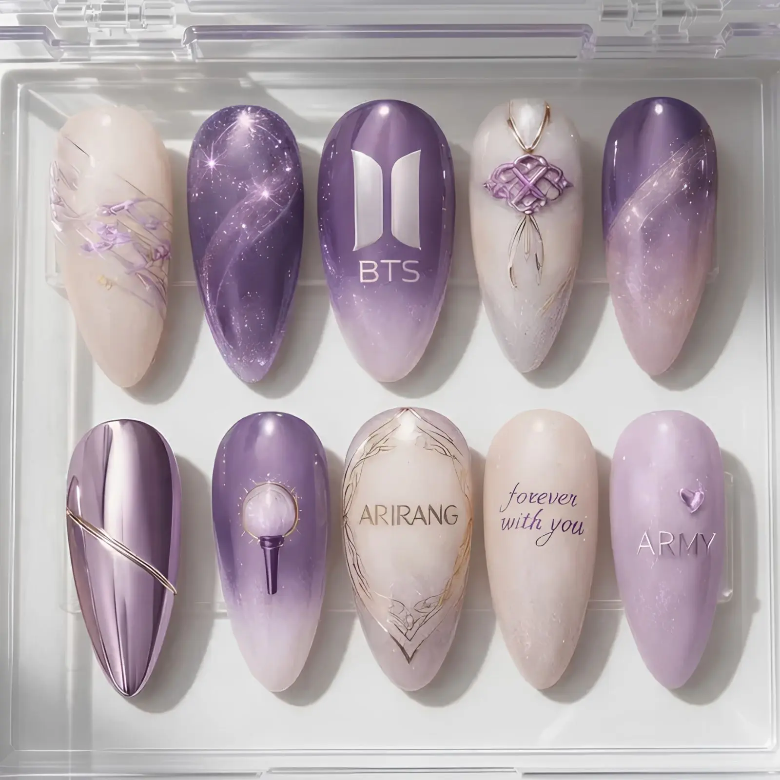 Idol Korean  Inspired Press On Nails | Purple ARIRANG Kpop Nail Art | Lavender Starry Chrome Army Fan Nails