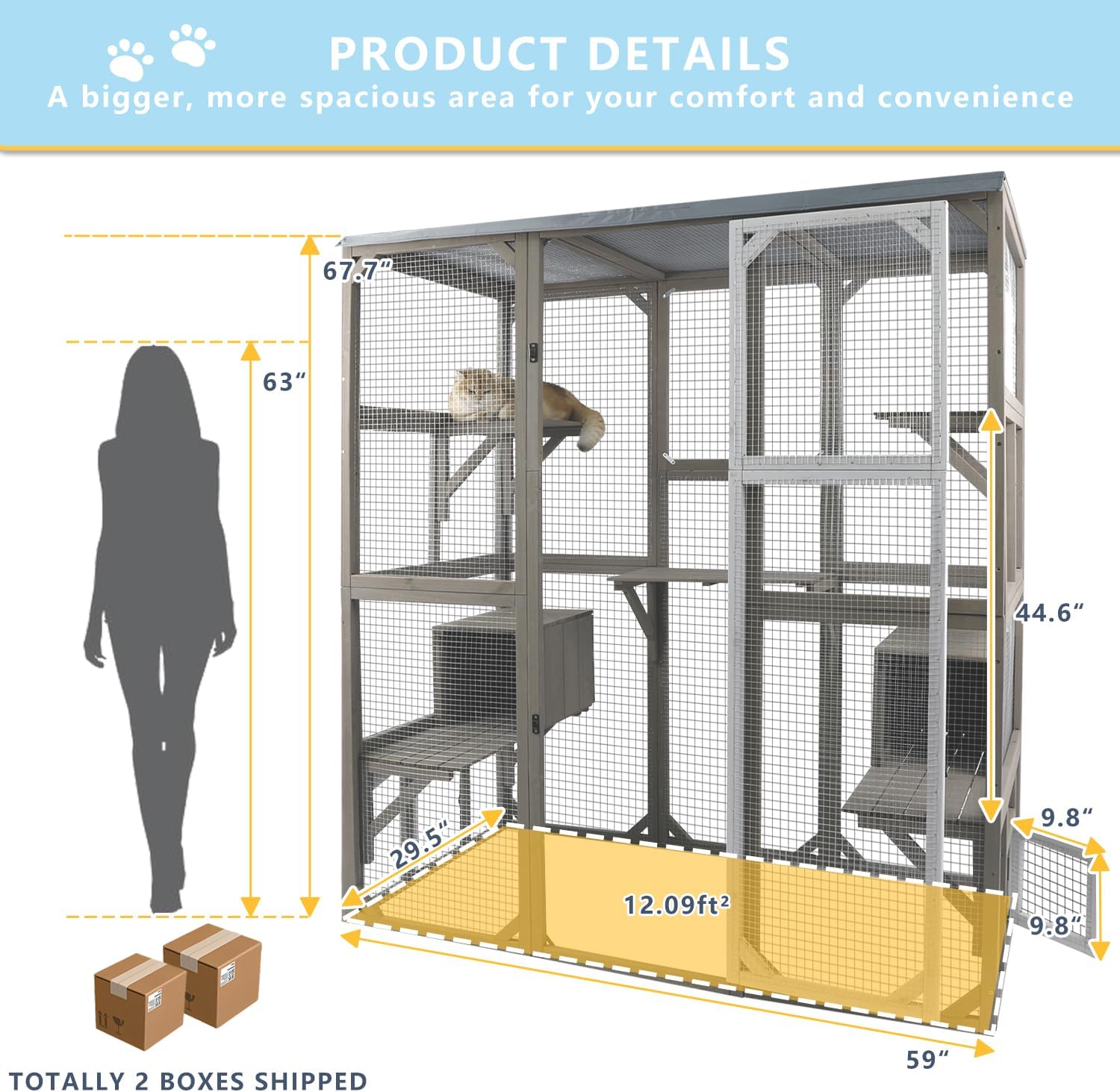 Cat Enclosure Large Window Cat House Walk in Kitty Cage with Multi-Level Platforms, Waterproof Roof for Mulitiple