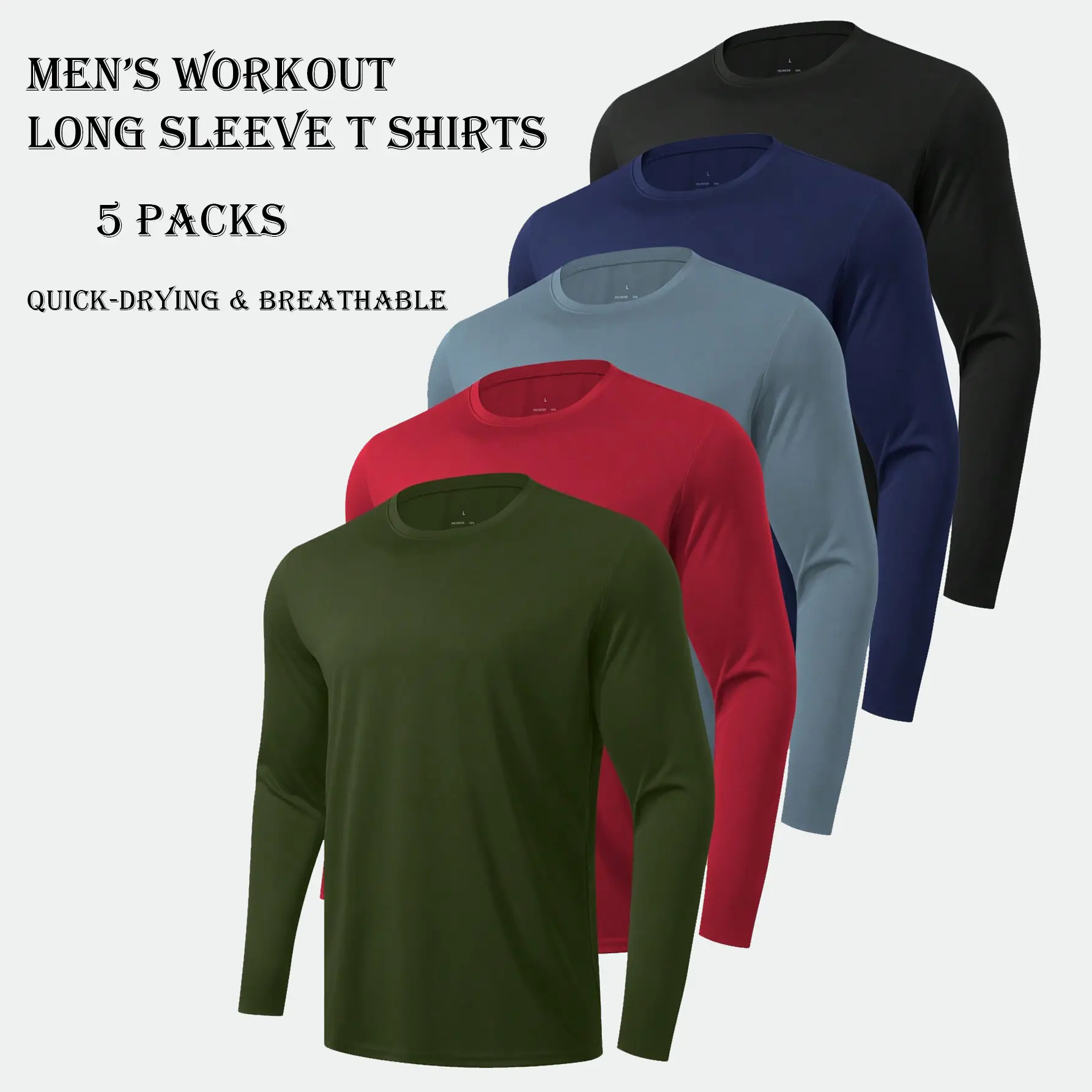 5 Pack Men’s Long Sleeve T Shirts Workout Tops for Men Moisture Wicking UPF SPF Sun Protection Tee Shirts Absorbs Sweat Breathable Sports Tops Energetic Multi-Color Workout T Shirts Casual For Football Gym Running Sports backtoschool
