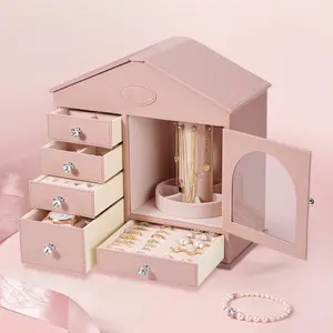 Casegrace Childlike Hut-shaped Jewelry Box with 5-layer Drawers for Partitioned Storage Roof-mounted Hidden Compartment Valentine’s Day Gift for Her
