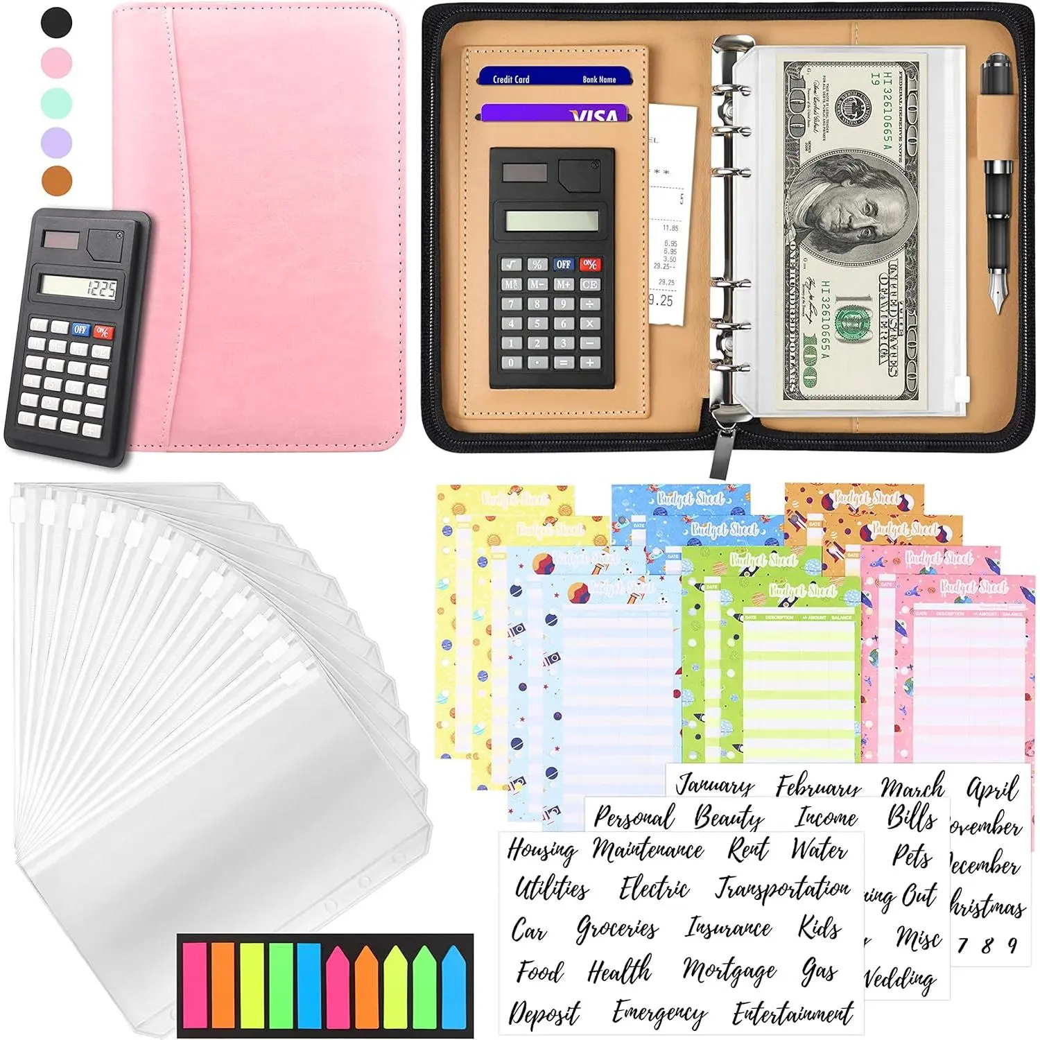 Budget Binder with Zipper Envelopes,  Envelopes for Budgeting, A6 PU Leather Budget Planner 2025 with  Envelopes Calculator, Bill  Organizer for  Saving Budget System Wallet