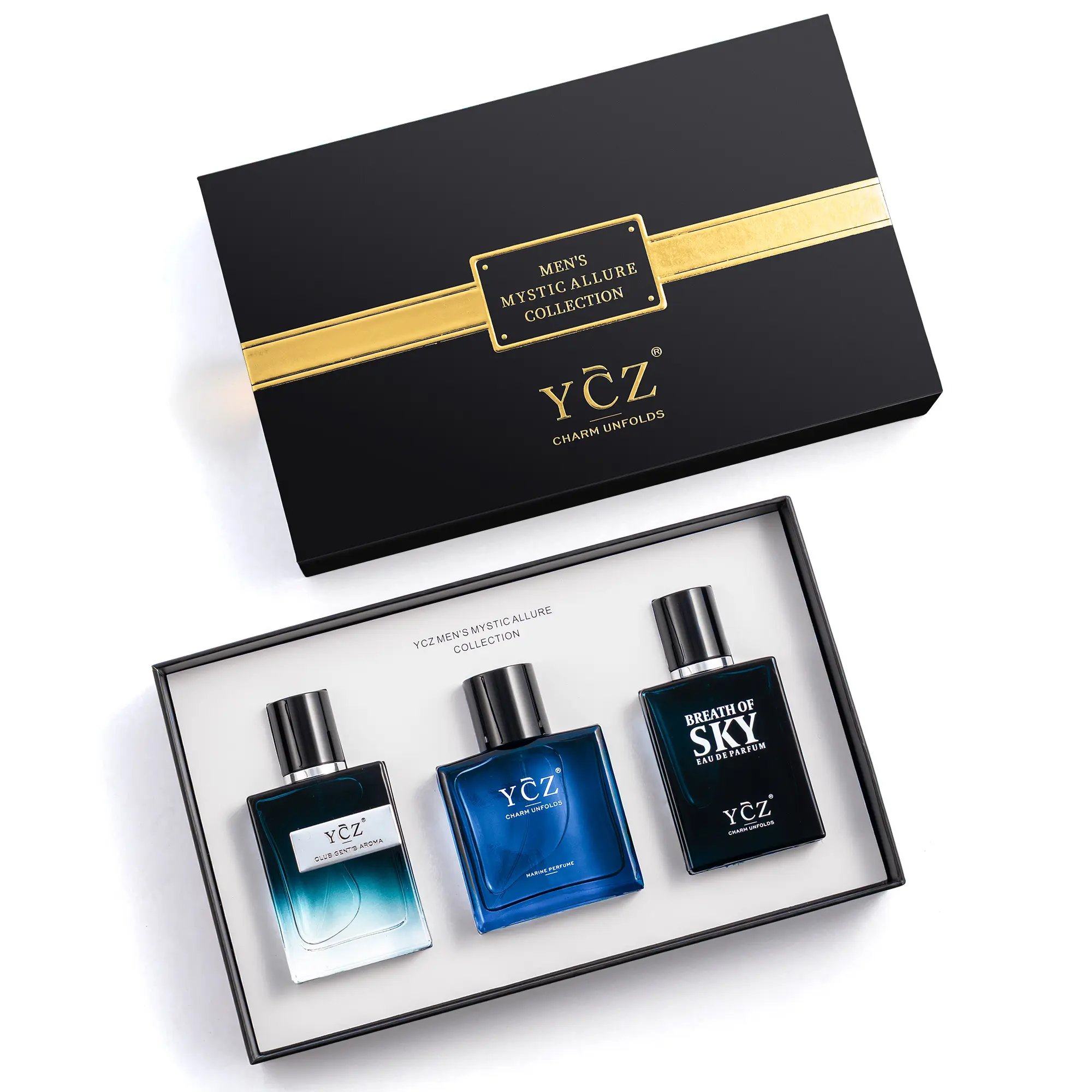 YCZ Men's Mystic Allure Collection Fragrance Set YCZ Marine Eau De Cologne Club Cologne Breath of Sky Cologne Fruity Rose Amber Notes Gift Box Packaging Long Lasting Light Scent Masterpiece Trio Signature Scents