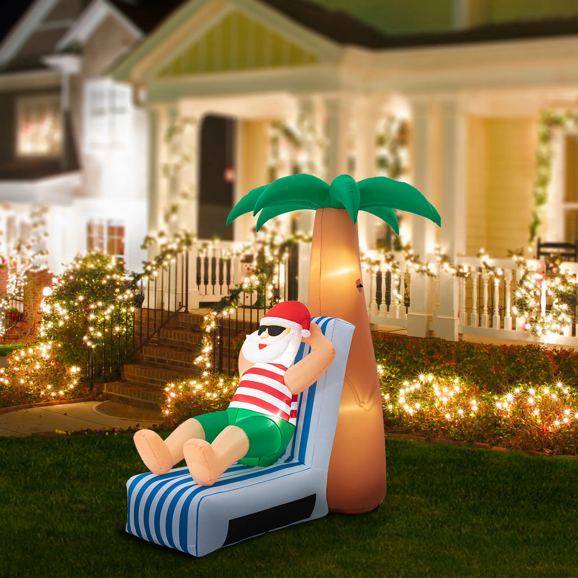【Christmas in July】 Glitzhome 6FT Lighted Inflatable Santa under Coconut Tree Decor