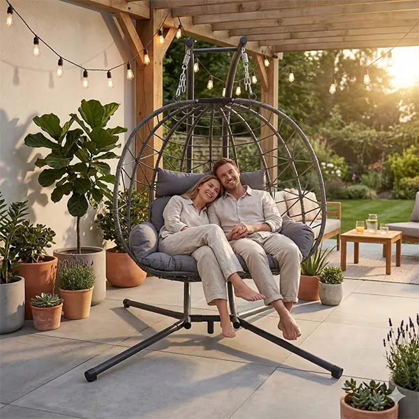DAIJIA CHINA Thick Iron Stand Oversized 2-Person Double Egg Swing Chair, Cushioned Comfy Loveseat Hammock, 700lbs Capacity Patio Swing for Friends, Family Indoor Outdoor Porch (Dark Gray)
