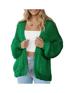 Coolmee Women's Open Front Chunky Knit Cardigan Loose Lantern Long Sleeve Oversized Sweater Coats with Pocket Emerald 2XL