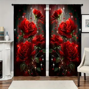 2 Piece Shiny Rose Pattern Home Textile Window Decoration Digital Print Curtains, Rod Pocket Design for Living Room Bedroom Kitchen