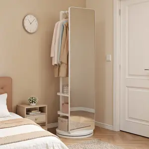 360° rotating, multifunctional, full-length mirror with hook, storage rack, coat rack, with mirror, solid wood floor mirror, bedroom, living room, cloakroom, space saving,