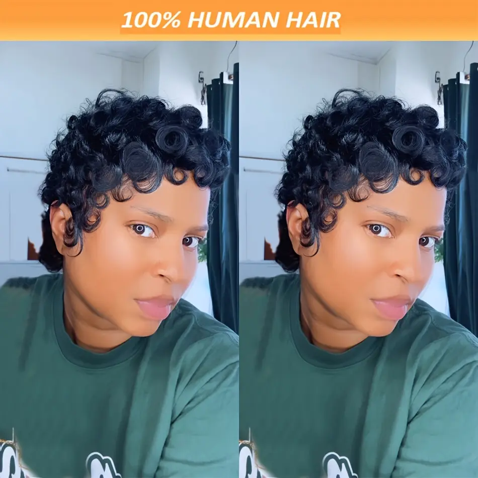 New Fashion 2025 4 Inch Brazilian Remy Human Hair Wig for - Natural Black Pixie Cut with Bangs, 180% Density Loose Curly Short Layered Wig, Non-Lace Full (Rose Net) Machine-Made Hair Replacement, No Maintenance Required