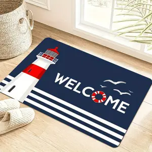 Nautical Welcome Floor Mat with Lighthouse and Seagull Print, Coastal-inspired Design for Front Door, Patio, and Beach House Entryways