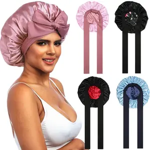 AWAYTR 2PCS/Set Satin Bonnets Silk Like Bonnet for Sleeping Double Layer Hair Cap with Elastic Tie Band for Curly Hair Night Cap Gifts