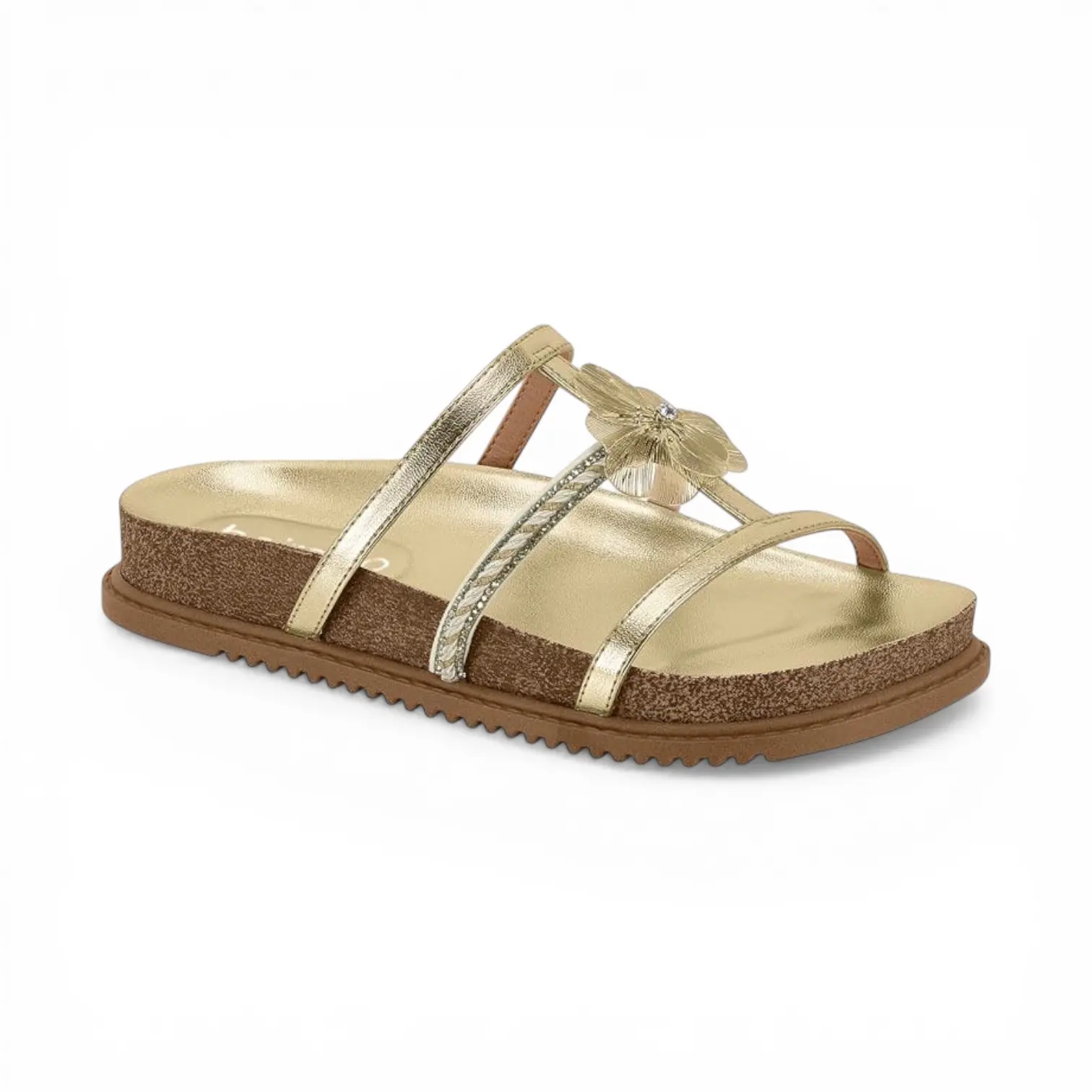 DIDIRAY Women's metallic Color Flat Sandals Beira Rio with Flower detail, Casual Comfortable Summer Elegant