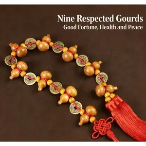 Peachwood Gourd Pendant, Nine Supreme Gourds with Five Emperors' Coins for Door Decoration, Feng Shui Accessories
