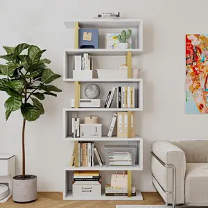 Bookshelf Geometric S-Shaped Industrial Storage Display Stand Shelf for Living Room Bedroom Office White 6 Tier Pine Wood High-Quality Anti-Falling Design