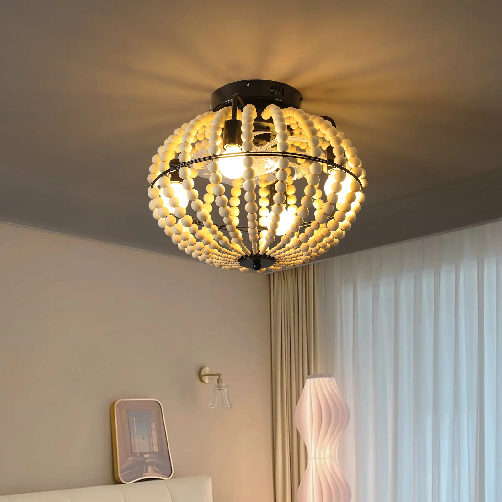 Modern Oak Wood Beaded Ceiling Fan Lamp - Contemporary Home Design Lighting, Decorative White Finish Indoor Chandelier for Bedroom, Compatible with Incandescent Bulbs