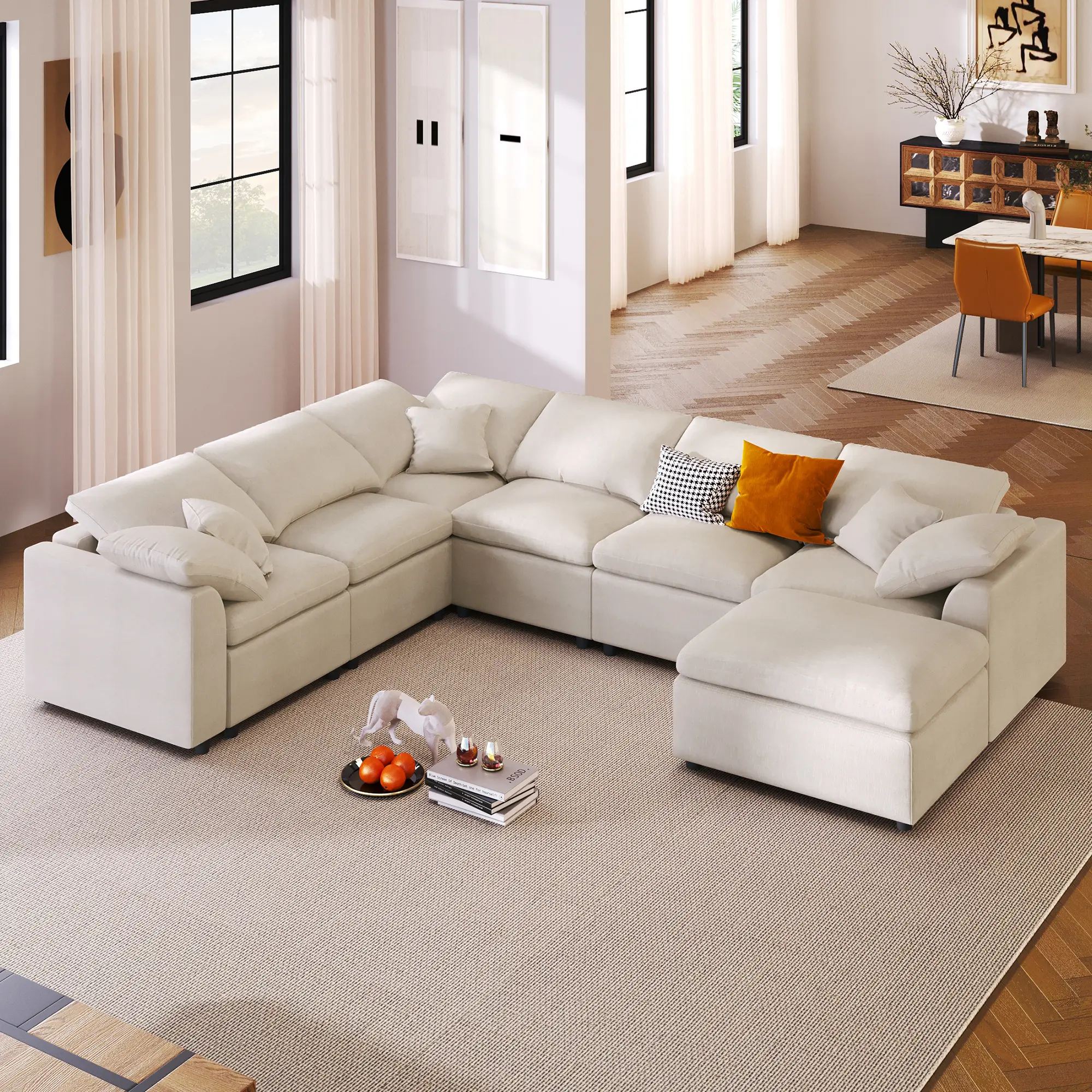 【Sub 5 packages】Niccae U_Style 120.8" Extra Large 7-Seater Modular Sectional Sofa with L-Shape Design & Movable Ottoman, Plush Chenille Fabric + Solid Pine Wood Frame for Living Room, Office, Spacious Space
