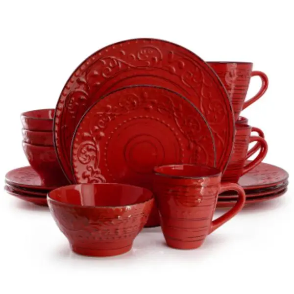 Elama Malibu Ocean Bloom Ceramic Dinnerware Set - 16-Piece Red, Everyday Casual Tableware with Coastal Charm for Beach Enthusiasts (ELM-MALIBU-OCEAN-BLOOM)