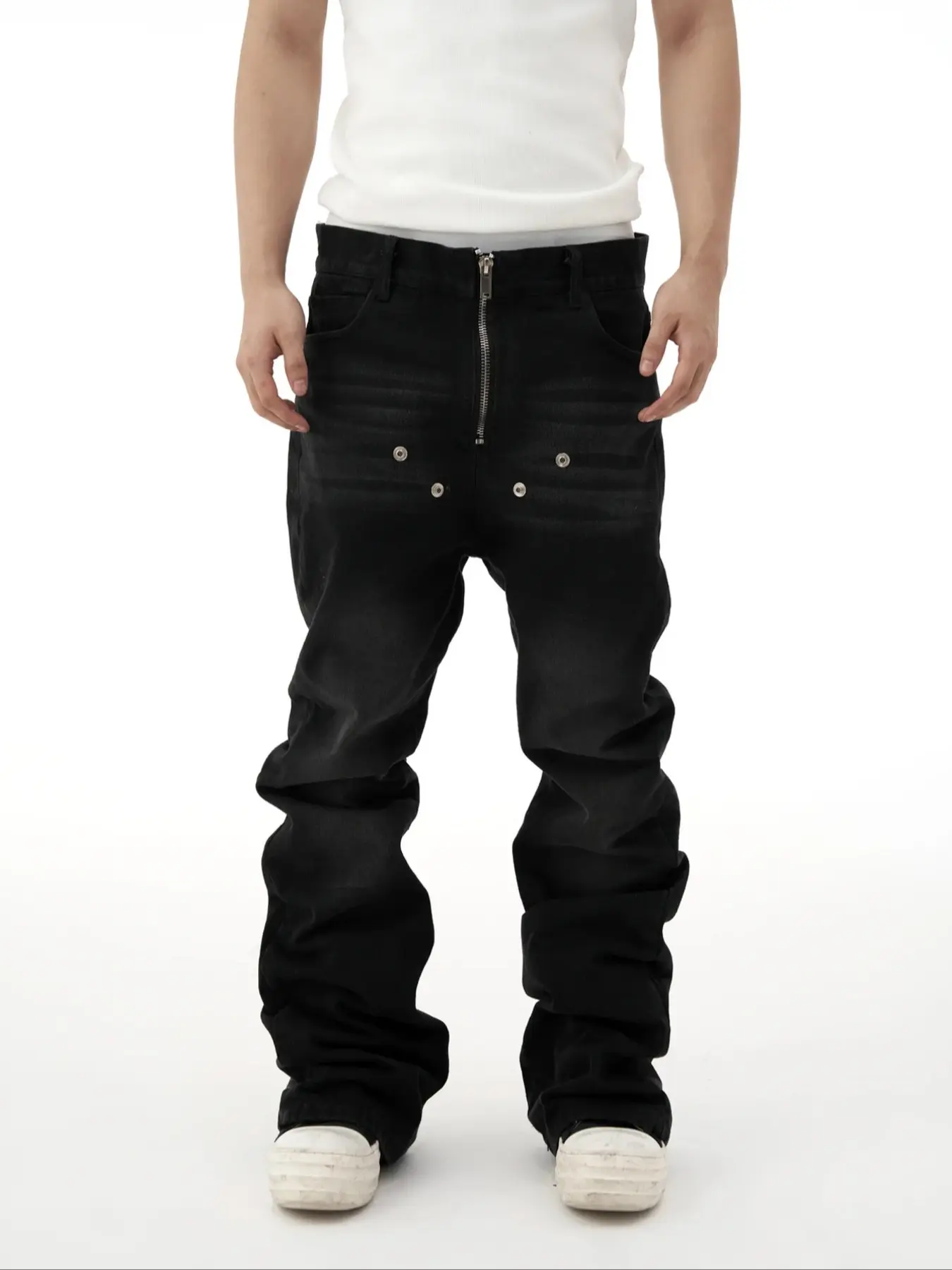 Men's Loose Straight Denim Jeans, Pockets Jeans, Menswear, Pants, Trouser, Metal Zipper Rivet Decor, Minimalist Street Style Streetwear, All-Season Casual Wear, Plain Pattern