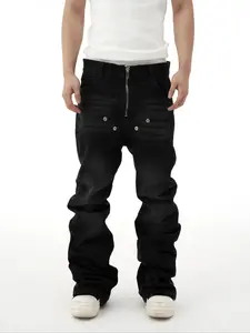 Men's Loose Straight Denim Jeans, Pants, Metal Zipper Rivet Decor, Minimalist Street Style Streetwear, All-Season Casual Wear, Plain Pattern