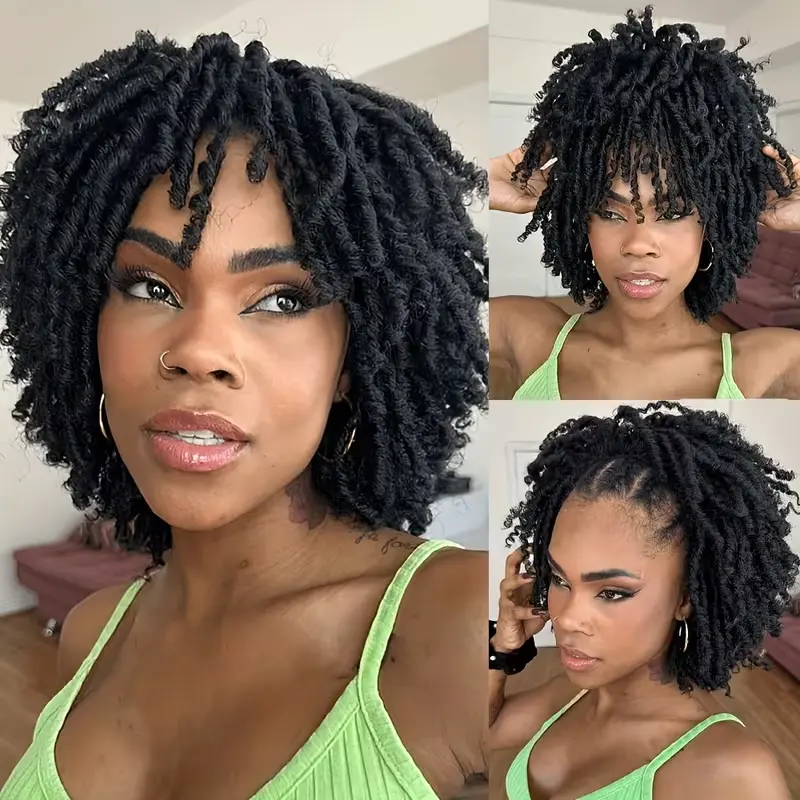 Saisity Women's Afro Kinky Twist Braided Synthetic Full Machine Wig - Short Locs, Heat Resistant High Temperature Fiber, Rose Net Cap, Sports Style, for African Daily Party Use, Heat Resistant Wig, Kinky Curly, Synthetic Wig