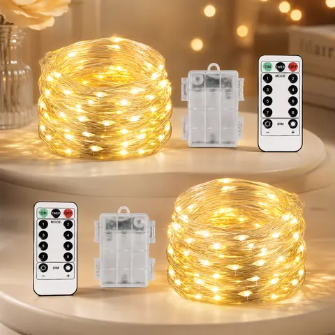 2-Pack 20Ft 60-LED Battery-Operated Short Fairy Lights with Remote, Switch, Hook - Waterproof 8-Mode Firefly Twinkle, Transparent Design for Christmas Decor for Home, Halloween Decorations, Bedroom Mood Lighting (Batteries Required)