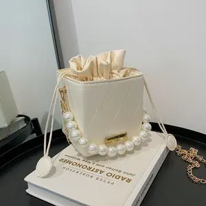 Fashionable Pearl Embossed Drawstring Box Crossbody Bag, Pearl Bag