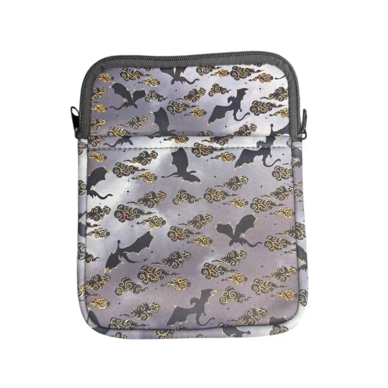 Dragon Themed Kindle Sleeve - Gray Patterned Design with Black Dragon Silhouettes, Zipper Closure, Ideal for Kindle Reading