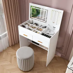 OPUL Flip Top Vanity Desk with 3 Color LED Lighted Mirror & Built-in Outlet - Makeup Vanity Table with 2 Drawers, Open Storage, Hooks for Jewelry, Writing Desk for Bedroom, Small Vanity for Small Spaces (No Stool Included, White)
