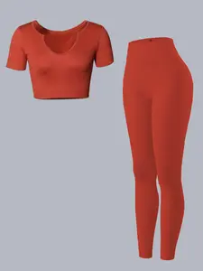 Women's Ribbed Workout Set 2-Piece Seamless Yoga Sportswear Sports Short Sleeve High Waist Activewear Yoga Tight Pants Suit, Comfortable and Stylish Gym Wear