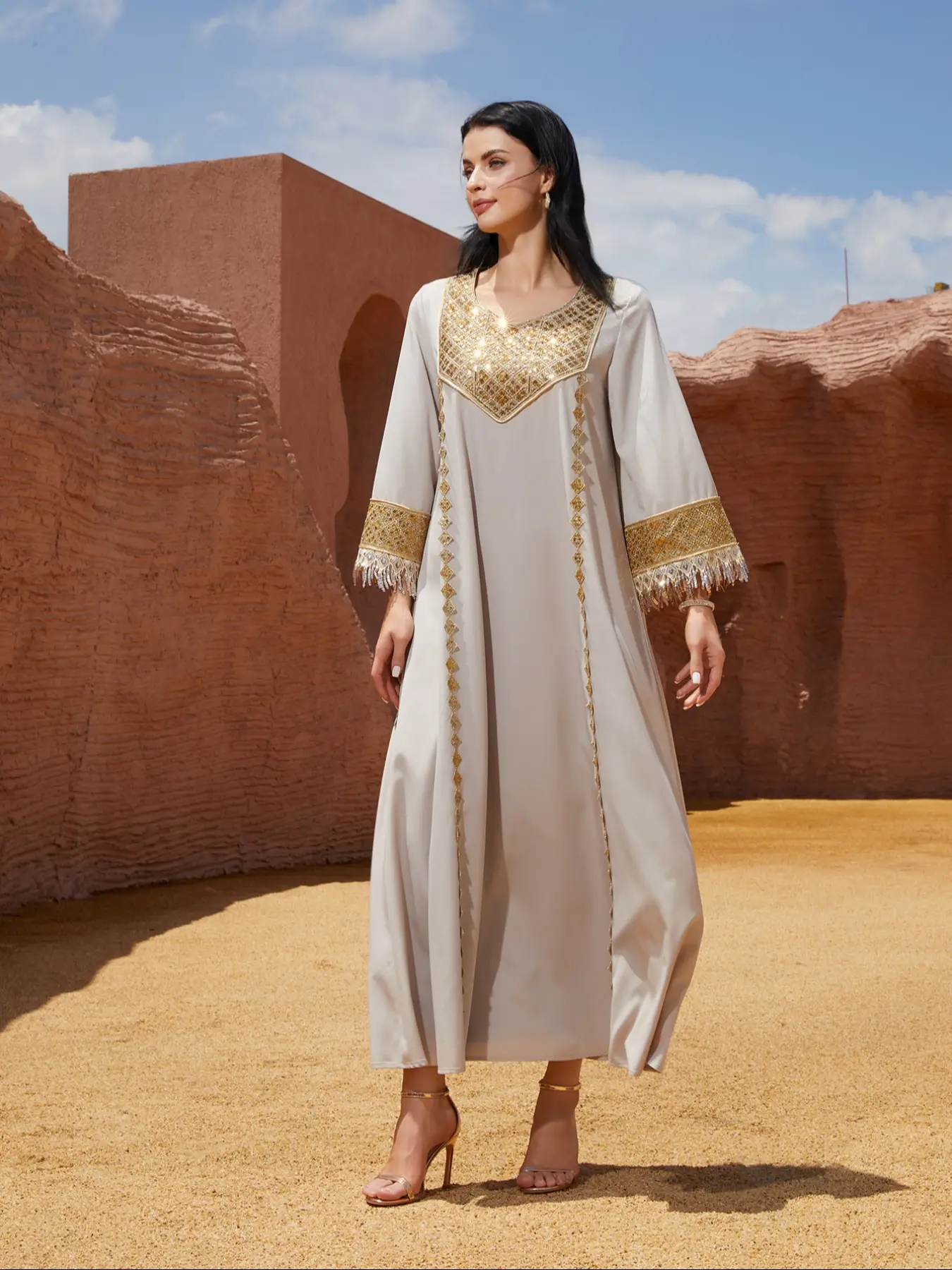 Round Neck Patchwork Gold Sequins Sleeve Tassel Maxi Dress, Saudi Arabia Arab Festival Party Robe, Muslim Clothing, Classy Modest Dresses