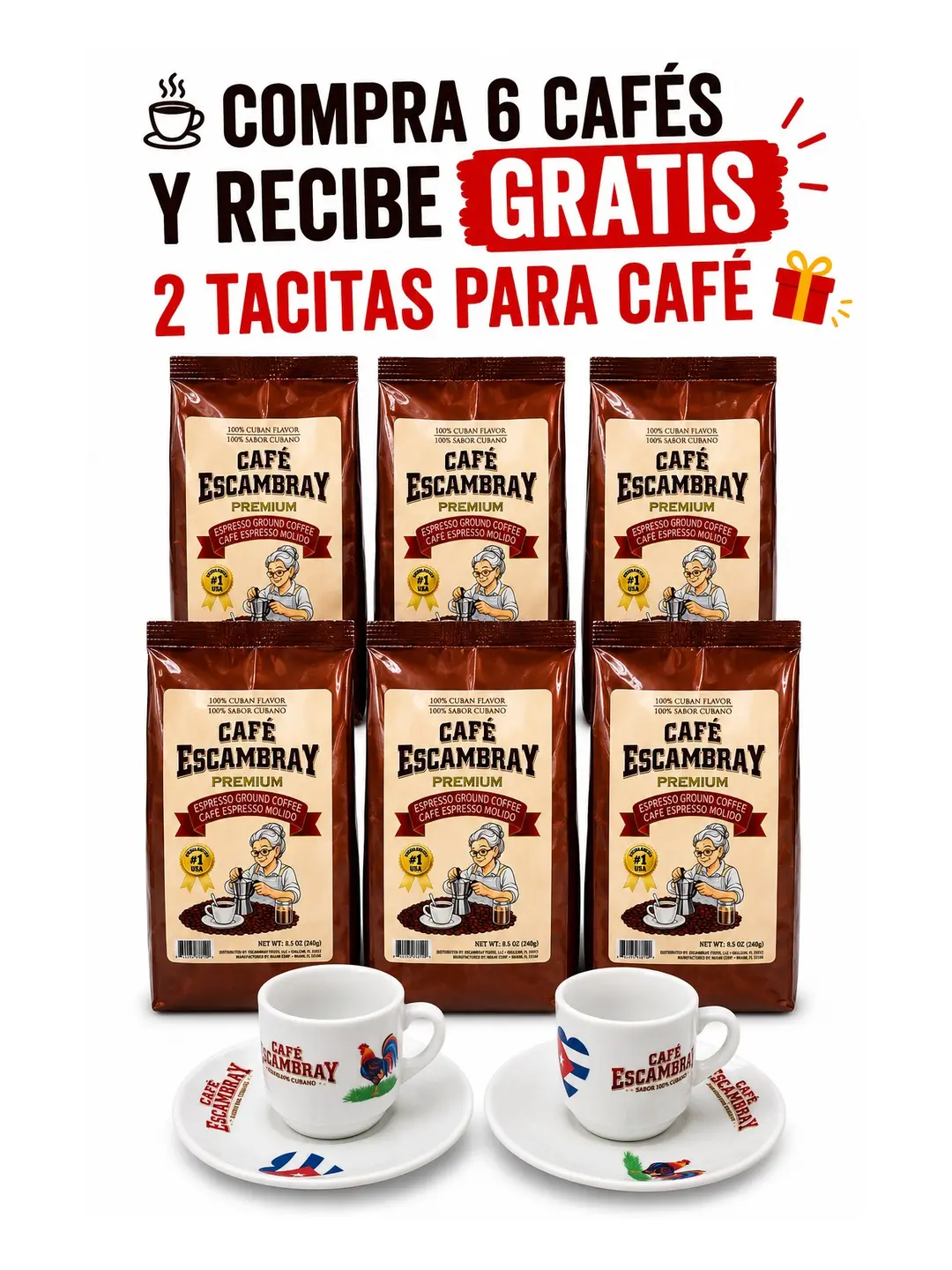 Cafe Escambray Premiun Cuban Espresso Ground Coffee 6 PK(8.5 oz (240 g)) + 2 free gift mugs - Strong Cuban Style Coffee, Dark Roast, Cafe Cubano Molido Premium.