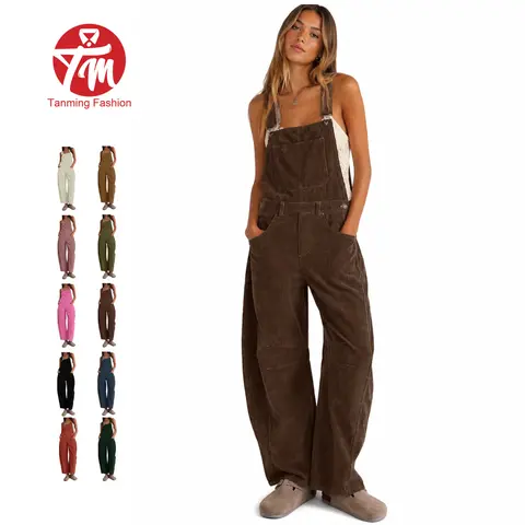 Tanming Womens Corduroy Loose Overalls Wide Leg Jumpers Dungarees Pants Trousers with Pockets Casual Fall Winter Spring Work School Vacation Loungewear Outfits Clothing
