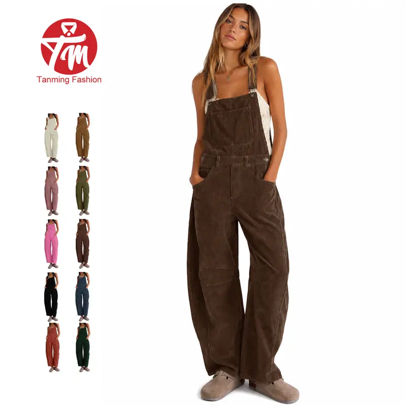 Tanming Womens Corduroy Loose Overalls Wide Leg Jumpers Dungarees Pants Trousers with Pockets Casual Fall Winter Spring Work School Vacation Loungewear Outfits Clothing