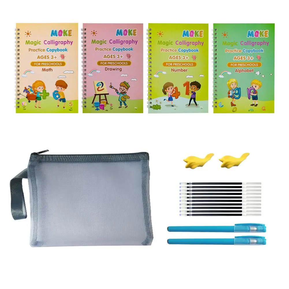 Magic Writing Practice Book, 1 Set Magic Practice Copybook, Including 4 Reusable Magic Writing Book & 2 Pen & 10 Pen Refill & 1 Storage Bag & 2 Pen Ho