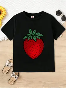Girls' Juicy Strawberry T-Shirt, Sweet Large Strawberry Print, Comfortable Kids Tee, Cute Trendy Design, Soft Fabric, Casual Clothing
