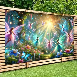 1pc Enchanted Forest Fairy Tapestry Backdrop - Magical Fairy Photography Background with Glowing Floral, Sunlight Rays - Large 8x6ft Party Decor, Birthday, Photo Studio Background - Durable Polyester Fabric for Indoor/Outdoor Events - Perfect for Themed P