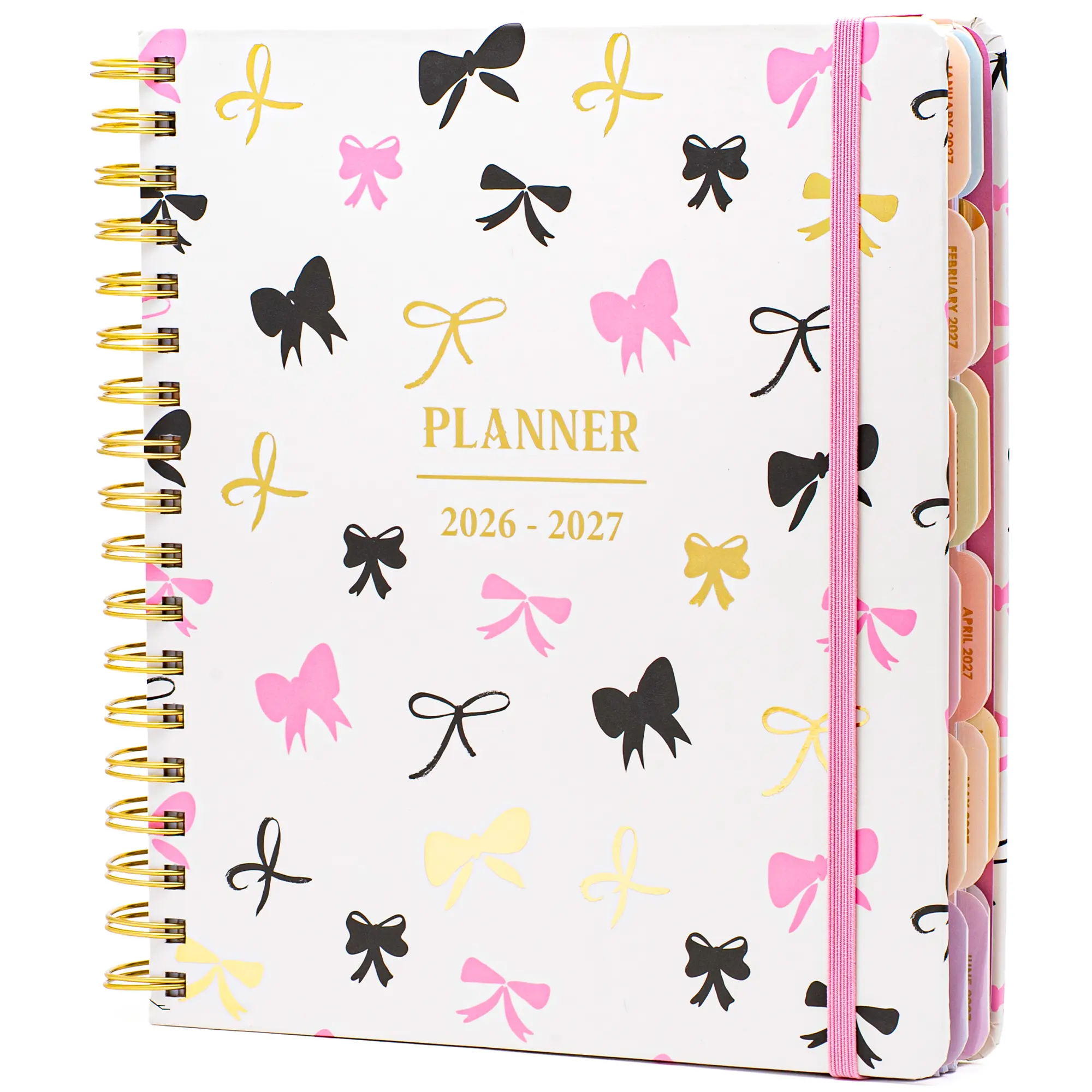 12 Month Undated Planner – Cute Bow Aesthetic Weekly & Monthly Planner with Tabs, Gold Spiral Binding, Stickers & Elastic Closure – Hardcover Productivity Planner for Students & Teachers