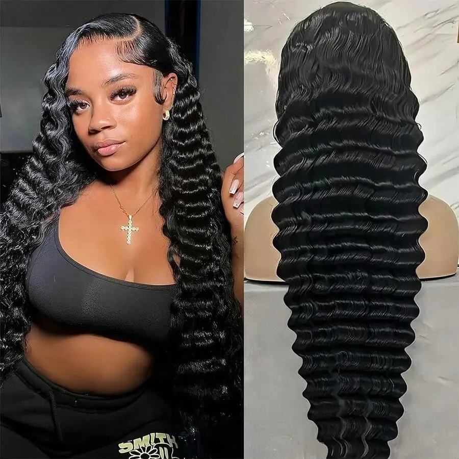 Bling Hair Wigs Human Hair Deep Wave Wig 30 Inch Water Wave Lace Front Wigs Human Hair Pre Plucked 13x4 Deep Wave Human Wigs For Women HD Transparent Lace Frontal Wig Natural Black Hairline